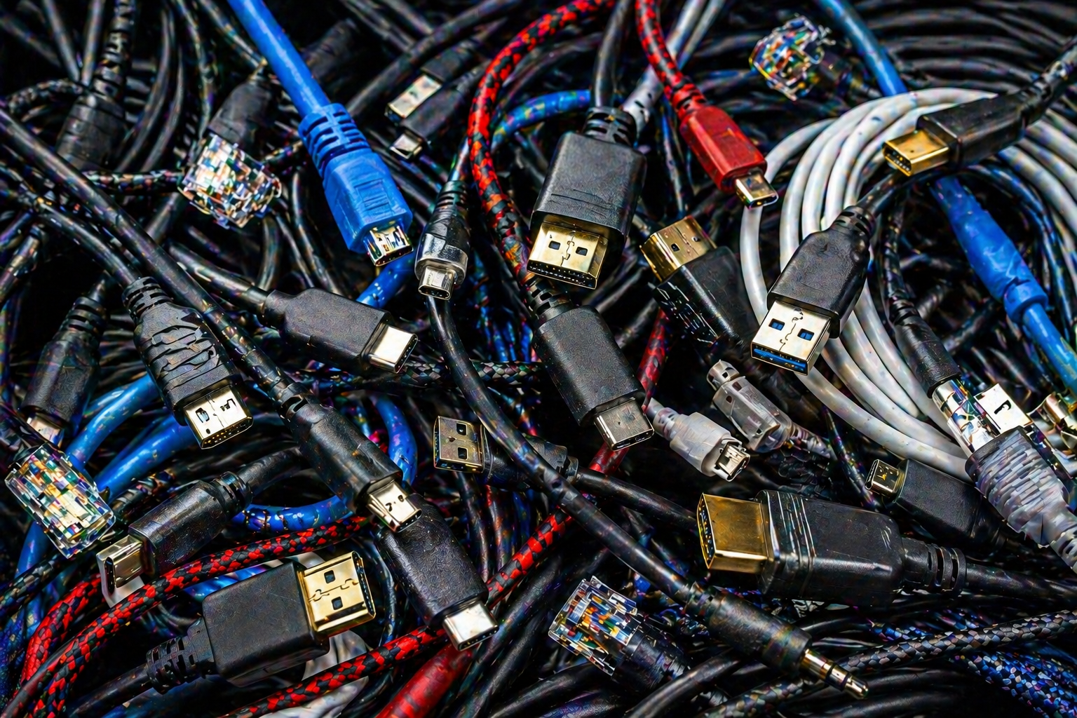 Sorted USB-A, USB-C, HDMI, DisplayPort, ethernet cables