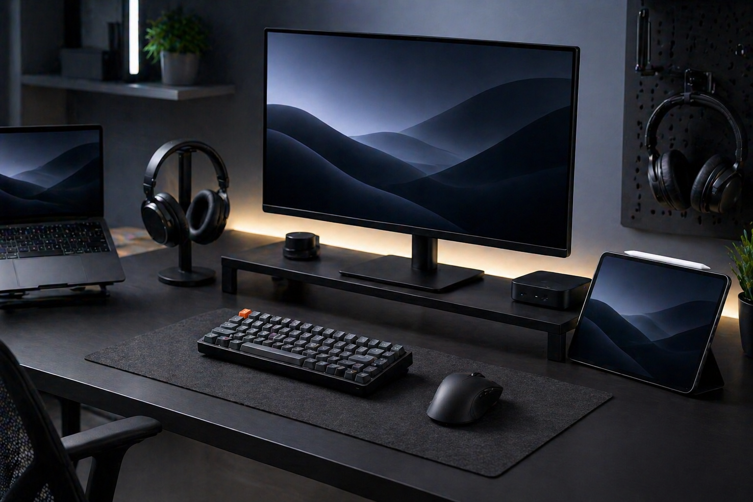 Tech Hub featured products desk — monitor, mechanical keyboard, premium headphones, hub