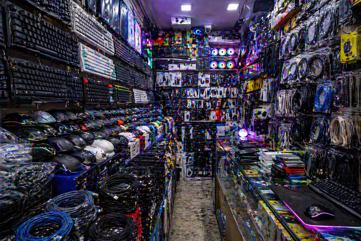 Tech Hub — Nehru Place shop interior · keyboards, mice, cables floor to ceiling