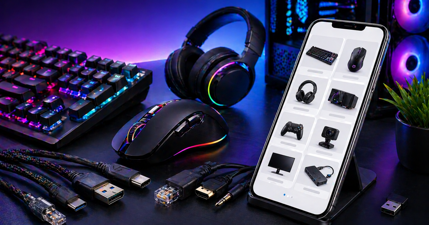 Tech Hub WhatsApp catalog — keyboards, mice, headphones, cables on phone screen